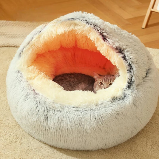 Round Cat Cushion Semi Enclosed Pet Sleep Bags Long Soft Plush 2 in 1 Warms Cats Beds Simple Comfort Warm Puppy Sleeping Nest