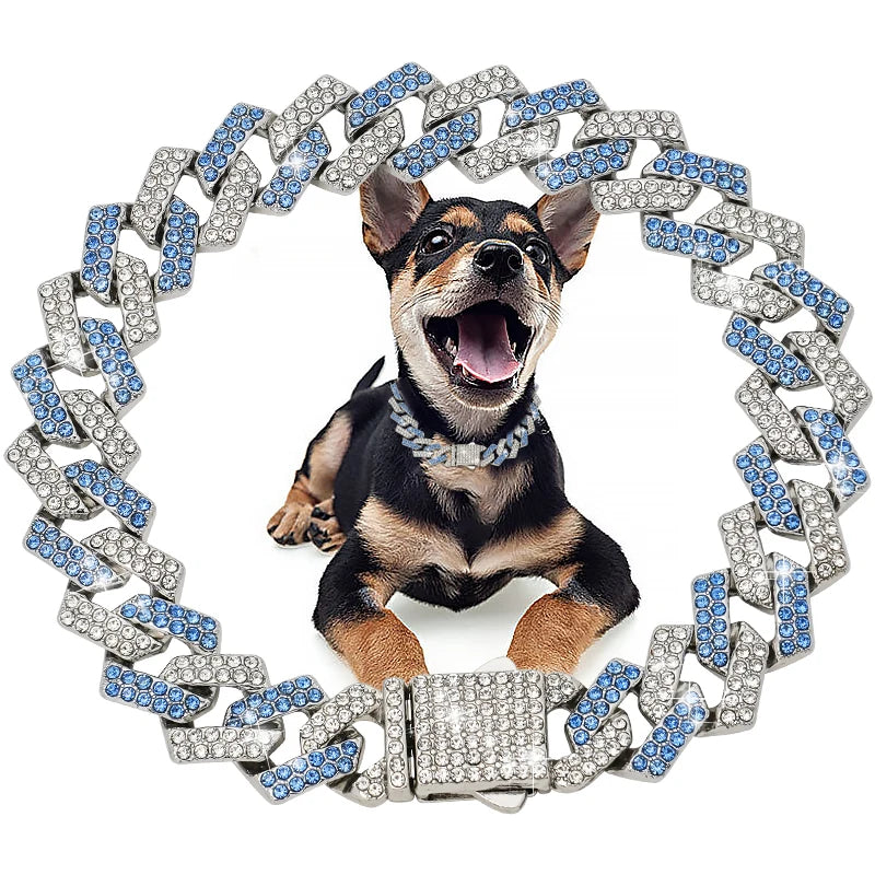 Dog Chain Diamond Cuban Collar Walking Metal Chain Collar with Design Secure Buckle, Pet Cat Cuban Collar Jewelry Accessories