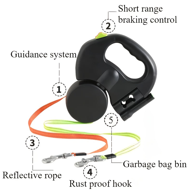 Automatic Retractable Dual-Head Leash for Dogs - a Creative Pet Leash That Allows Walking Two Pets at Once.