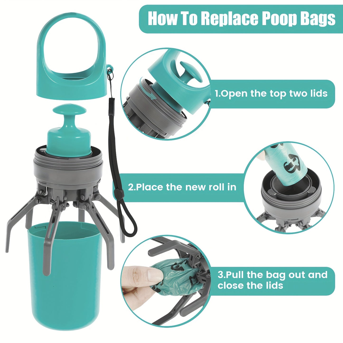 Portable Dog Poop Scooper with Bag Dispenser - Durable Plastic, Teal, Claw Design for Efficient Waste Pickup, Includes Leak-Proof Bags, Ideal for Outdoor Use