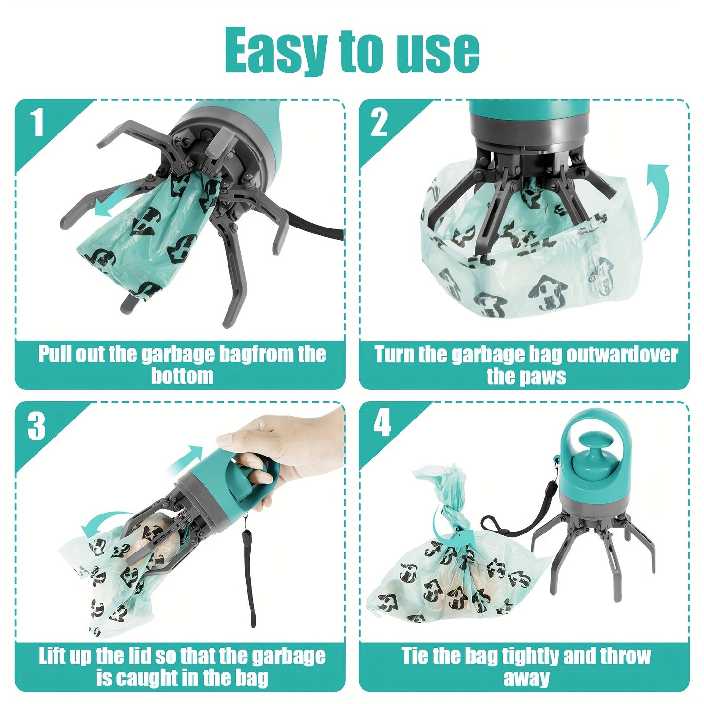 Portable Dog Poop Scooper with Bag Dispenser - Durable Plastic, Teal, Claw Design for Efficient Waste Pickup, Includes Leak-Proof Bags, Ideal for Outdoor Use