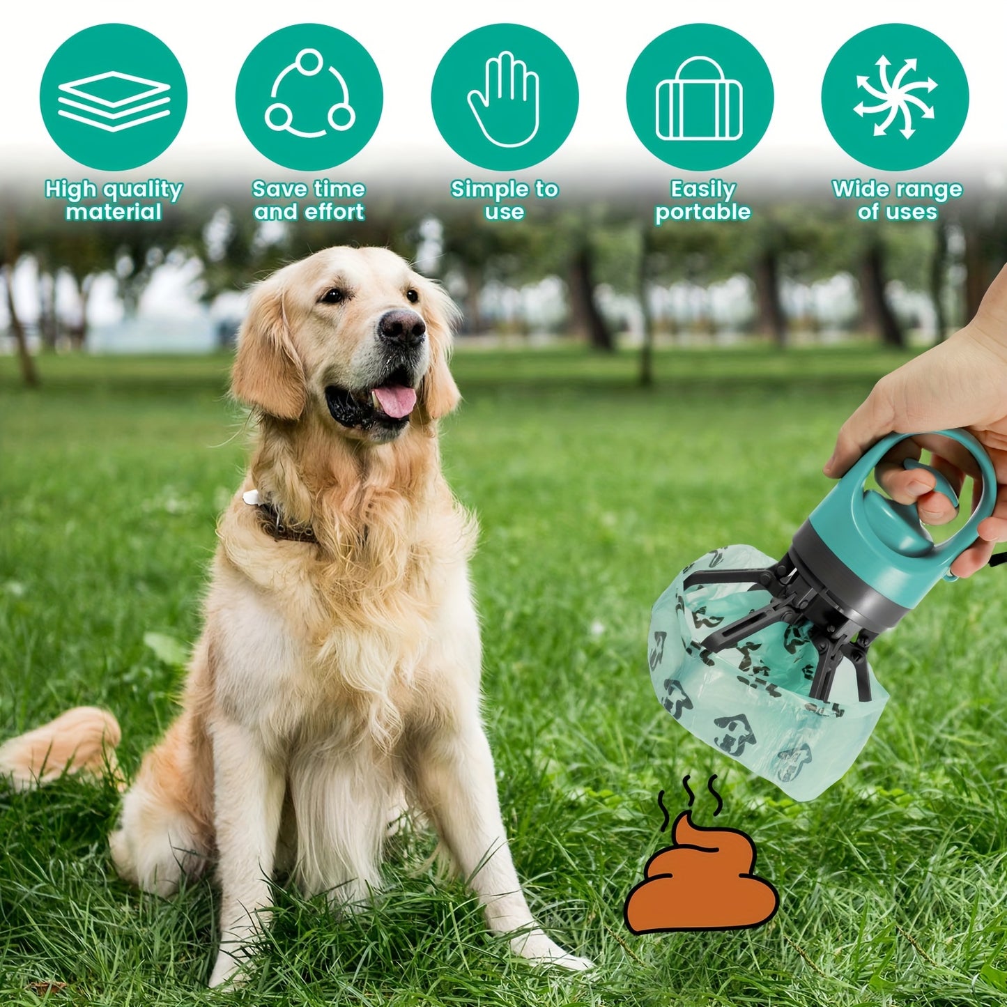 Portable Dog Poop Scooper with Bag Dispenser - Durable Plastic, Teal, Claw Design for Efficient Waste Pickup, Includes Leak-Proof Bags, Ideal for Outdoor Use